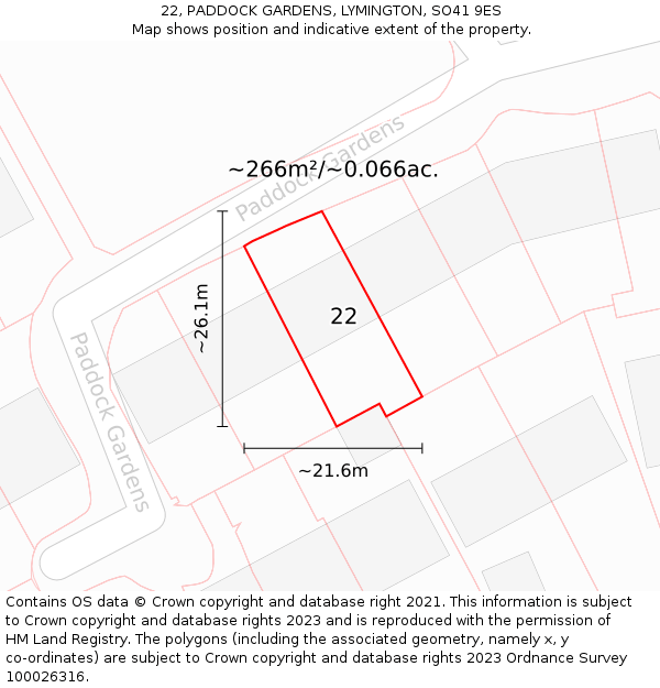 22, PADDOCK GARDENS, LYMINGTON, SO41 9ES: Plot and title map