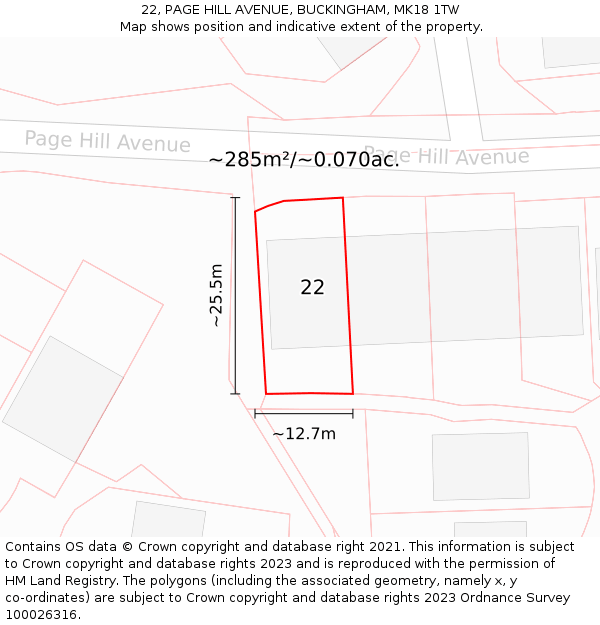 22, PAGE HILL AVENUE, BUCKINGHAM, MK18 1TW: Plot and title map