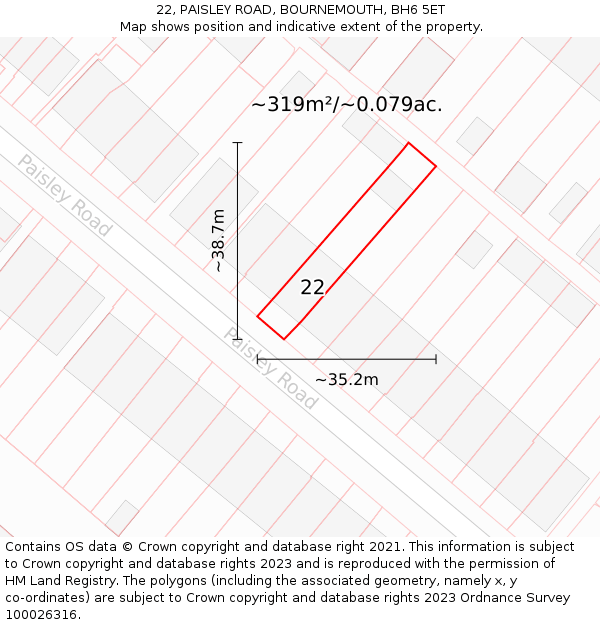 22, PAISLEY ROAD, BOURNEMOUTH, BH6 5ET: Plot and title map