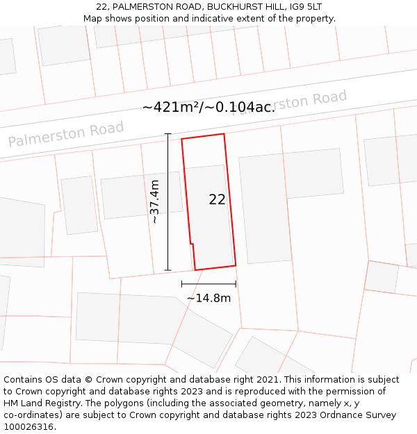 22, PALMERSTON ROAD, BUCKHURST HILL, IG9 5LT: Plot and title map