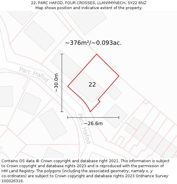 22, PARC HAFOD, FOUR CROSSES, LLANYMYNECH, SY22 6NZ: Plot and title map