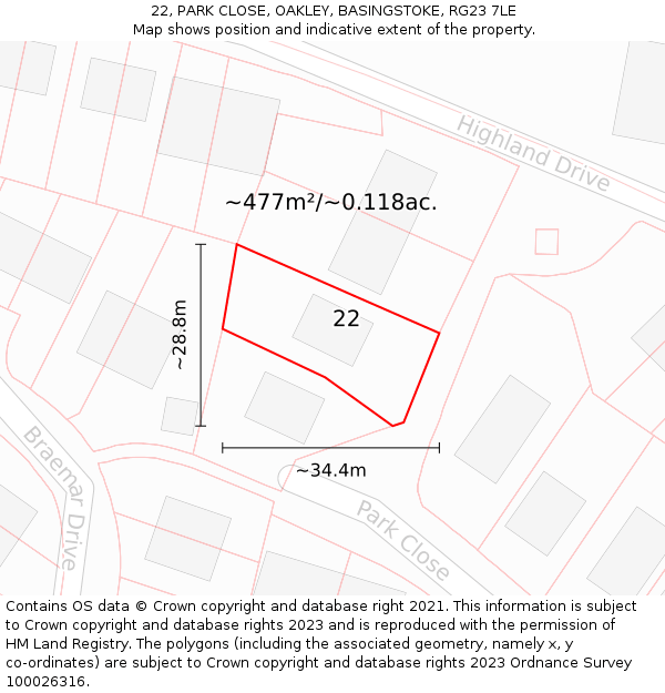 22, PARK CLOSE, OAKLEY, BASINGSTOKE, RG23 7LE: Plot and title map