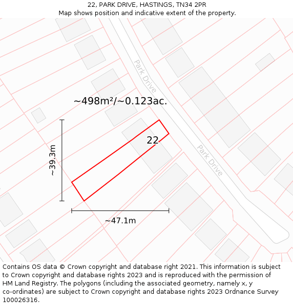 22, PARK DRIVE, HASTINGS, TN34 2PR: Plot and title map