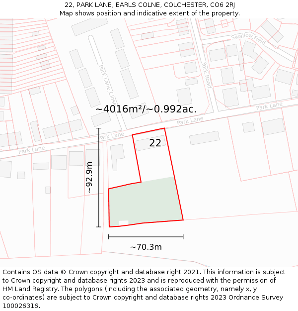 22, PARK LANE, EARLS COLNE, COLCHESTER, CO6 2RJ: Plot and title map