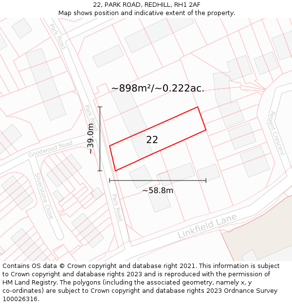 22, PARK ROAD, REDHILL, RH1 2AF: Plot and title map