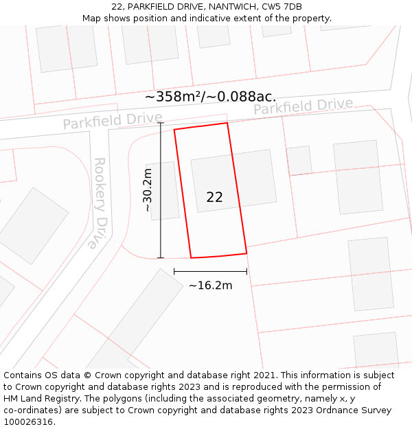 22, PARKFIELD DRIVE, NANTWICH, CW5 7DB: Plot and title map