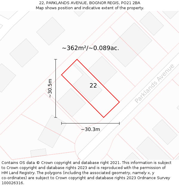 22, PARKLANDS AVENUE, BOGNOR REGIS, PO21 2BA: Plot and title map