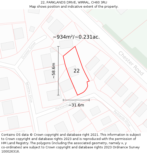 22, PARKLANDS DRIVE, WIRRAL, CH60 3RU: Plot and title map