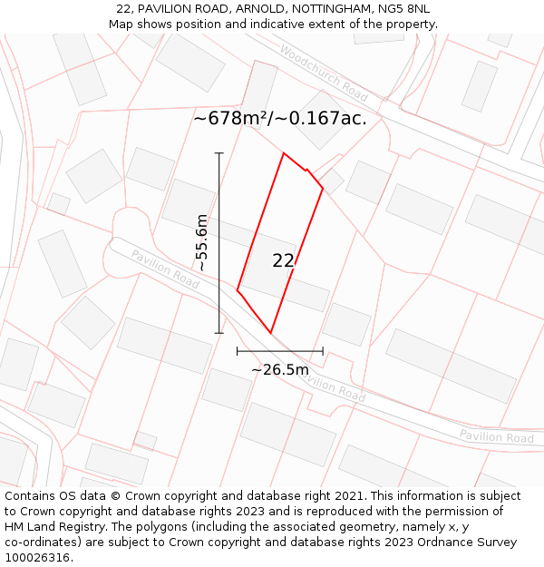 22, PAVILION ROAD, ARNOLD, NOTTINGHAM, NG5 8NL: Plot and title map