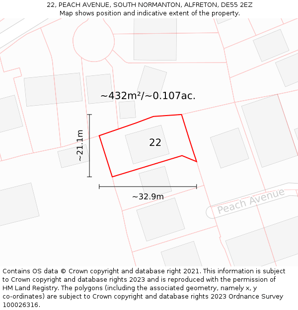 22, PEACH AVENUE, SOUTH NORMANTON, ALFRETON, DE55 2EZ: Plot and title map