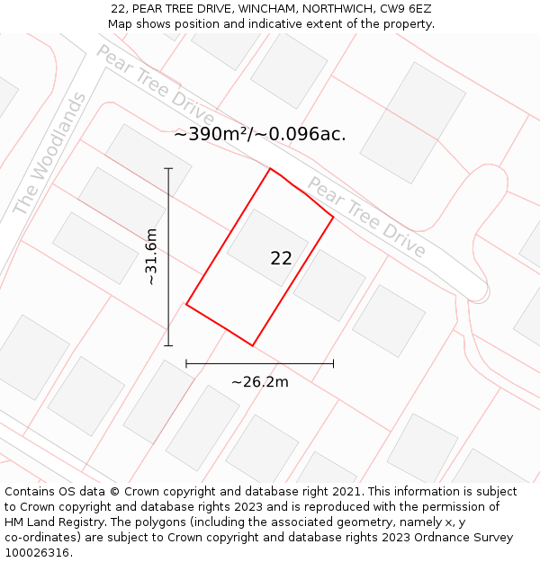 22, PEAR TREE DRIVE, WINCHAM, NORTHWICH, CW9 6EZ: Plot and title map