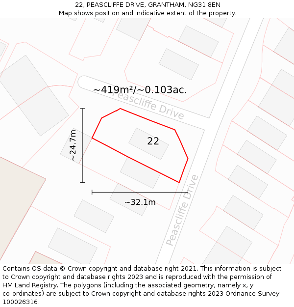 22, PEASCLIFFE DRIVE, GRANTHAM, NG31 8EN: Plot and title map