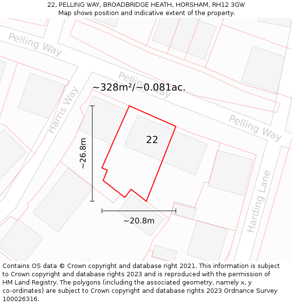 22, PELLING WAY, BROADBRIDGE HEATH, HORSHAM, RH12 3GW: Plot and title map