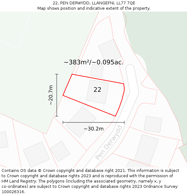 22, PEN DERWYDD, LLANGEFNI, LL77 7QE: Plot and title map