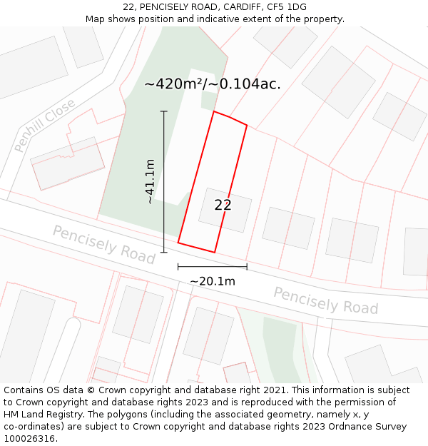 22, PENCISELY ROAD, CARDIFF, CF5 1DG: Plot and title map