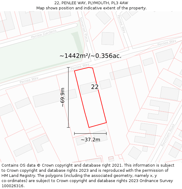 22, PENLEE WAY, PLYMOUTH, PL3 4AW: Plot and title map