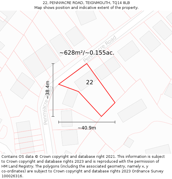 22, PENNYACRE ROAD, TEIGNMOUTH, TQ14 8LB: Plot and title map