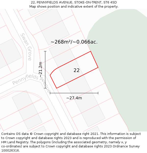 22, PENNYFIELDS AVENUE, STOKE-ON-TRENT, ST6 4SD: Plot and title map