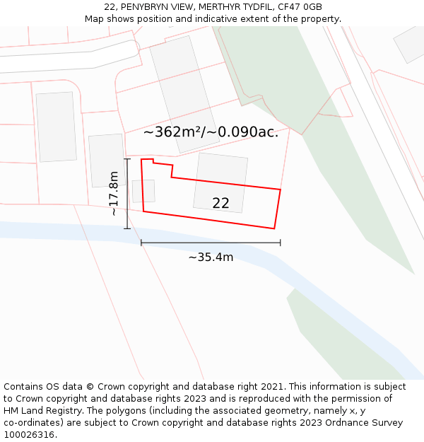 22, PENYBRYN VIEW, MERTHYR TYDFIL, CF47 0GB: Plot and title map