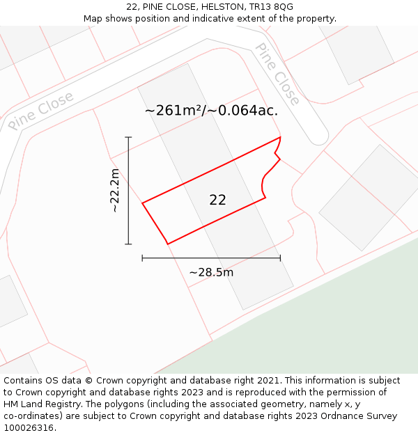 22, PINE CLOSE, HELSTON, TR13 8QG: Plot and title map