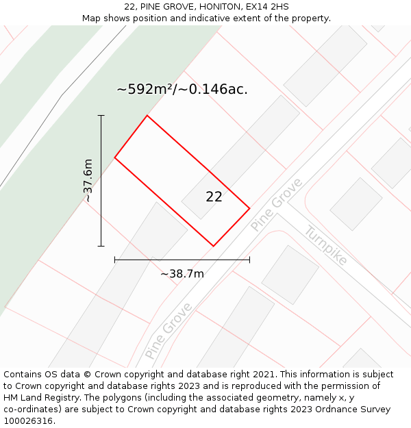 22, PINE GROVE, HONITON, EX14 2HS: Plot and title map