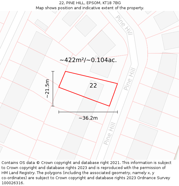 22, PINE HILL, EPSOM, KT18 7BG: Plot and title map