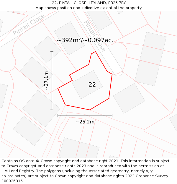 22, PINTAIL CLOSE, LEYLAND, PR26 7RY: Plot and title map