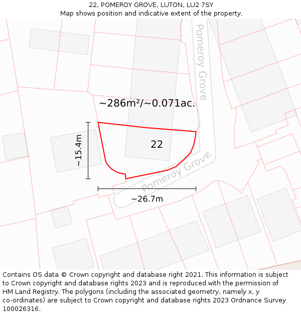 22, POMEROY GROVE, LUTON, LU2 7SY: Plot and title map