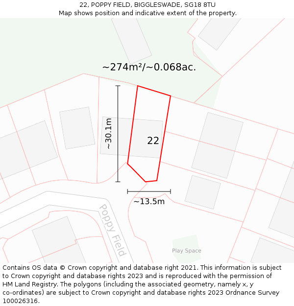 22, POPPY FIELD, BIGGLESWADE, SG18 8TU: Plot and title map