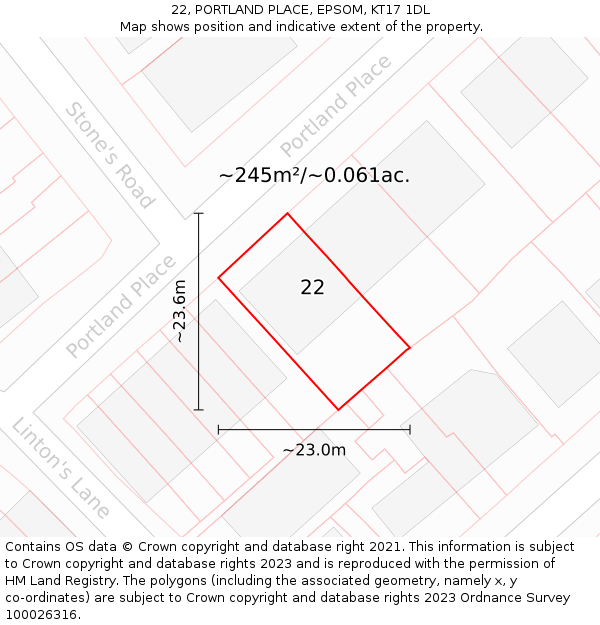 22, PORTLAND PLACE, EPSOM, KT17 1DL: Plot and title map