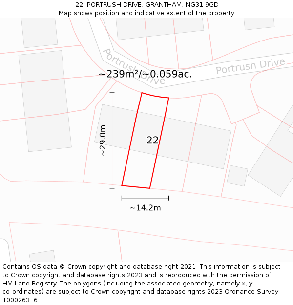 22, PORTRUSH DRIVE, GRANTHAM, NG31 9GD: Plot and title map