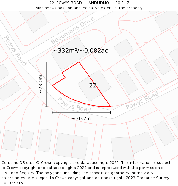 22, POWYS ROAD, LLANDUDNO, LL30 1HZ: Plot and title map