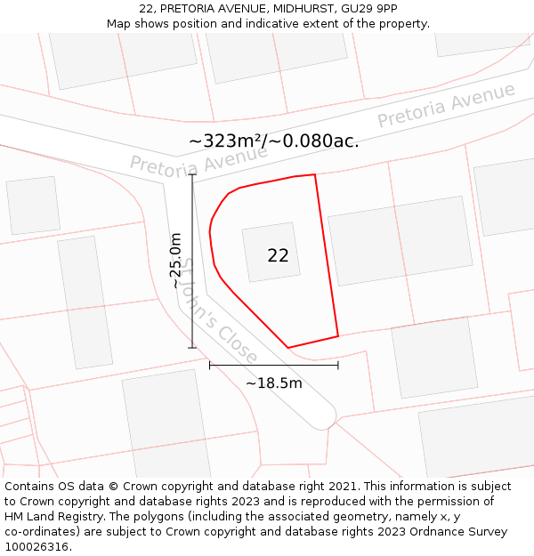 22, PRETORIA AVENUE, MIDHURST, GU29 9PP: Plot and title map