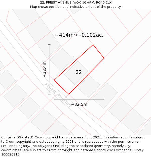 22, PRIEST AVENUE, WOKINGHAM, RG40 2LX: Plot and title map