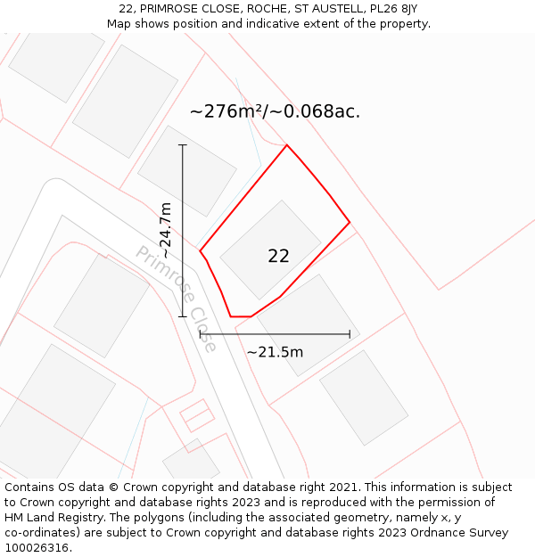 22, PRIMROSE CLOSE, ROCHE, ST AUSTELL, PL26 8JY: Plot and title map