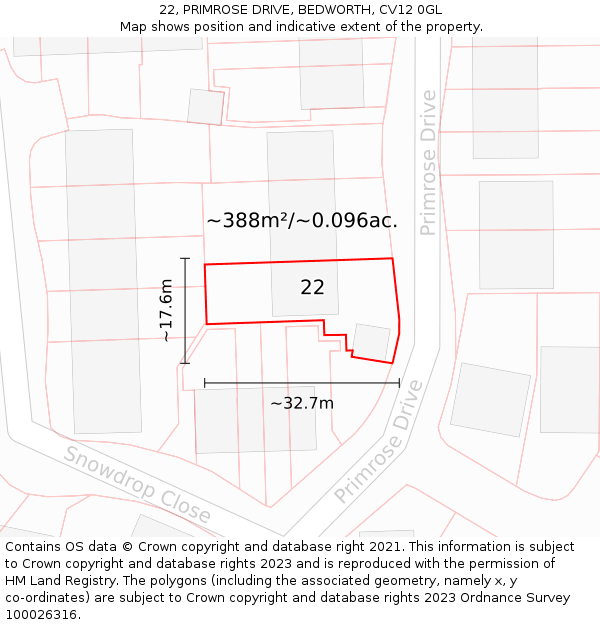 22, PRIMROSE DRIVE, BEDWORTH, CV12 0GL: Plot and title map