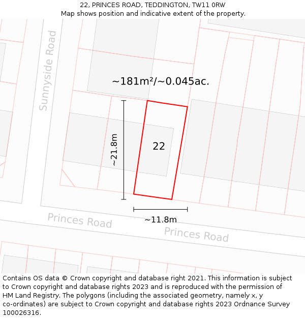 22, PRINCES ROAD, TEDDINGTON, TW11 0RW: Plot and title map