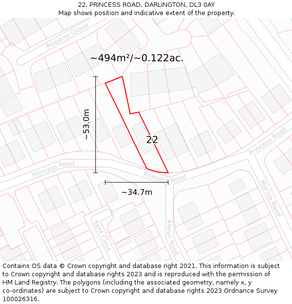 22, PRINCESS ROAD, DARLINGTON, DL3 0AY: Plot and title map