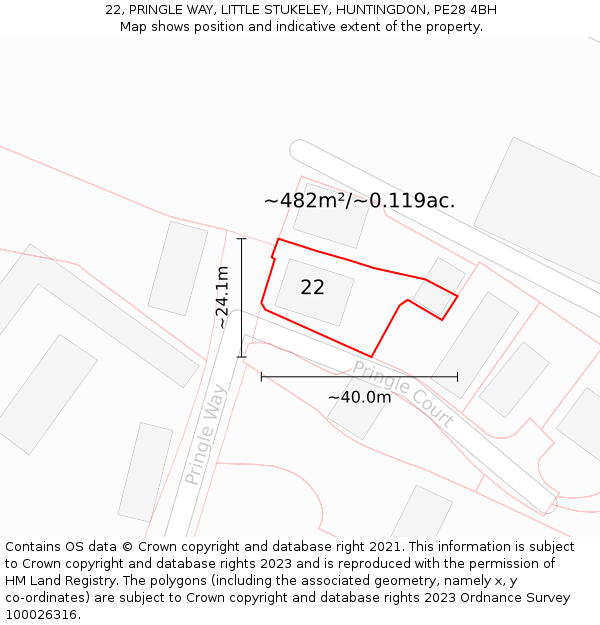 22, PRINGLE WAY, LITTLE STUKELEY, HUNTINGDON, PE28 4BH: Plot and title map