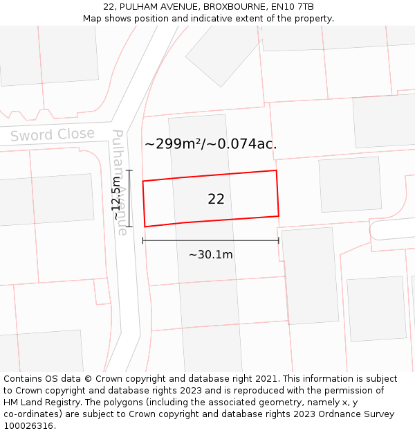 22, PULHAM AVENUE, BROXBOURNE, EN10 7TB: Plot and title map