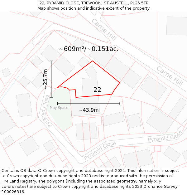 22, PYRAMID CLOSE, TREWOON, ST AUSTELL, PL25 5TP: Plot and title map