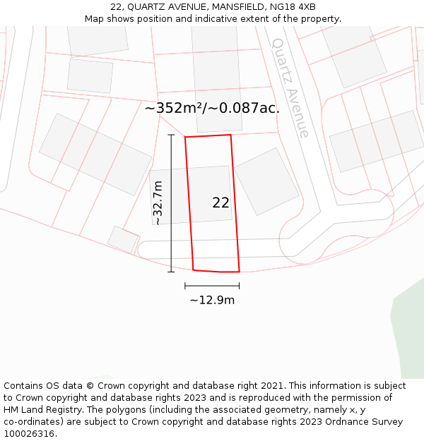 22, QUARTZ AVENUE, MANSFIELD, NG18 4XB: Plot and title map