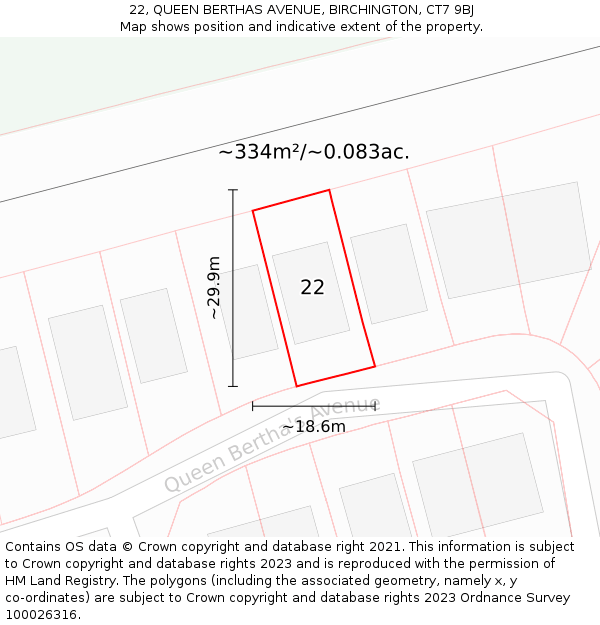 22, QUEEN BERTHAS AVENUE, BIRCHINGTON, CT7 9BJ: Plot and title map