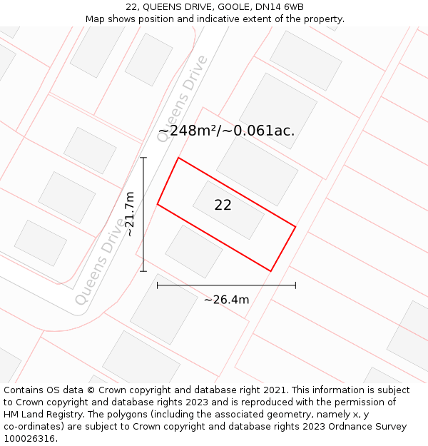 22, QUEENS DRIVE, GOOLE, DN14 6WB: Plot and title map