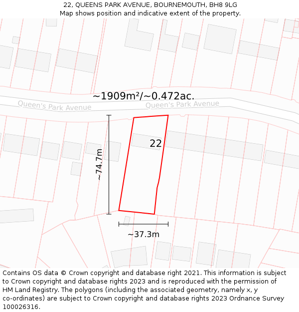 22, QUEENS PARK AVENUE, BOURNEMOUTH, BH8 9LG: Plot and title map