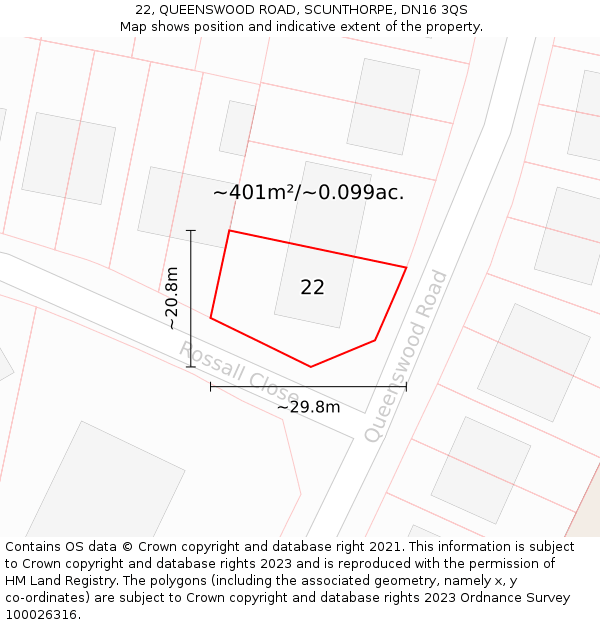 22, QUEENSWOOD ROAD, SCUNTHORPE, DN16 3QS: Plot and title map