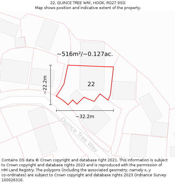 22, QUINCE TREE WAY, HOOK, RG27 9SG: Plot and title map