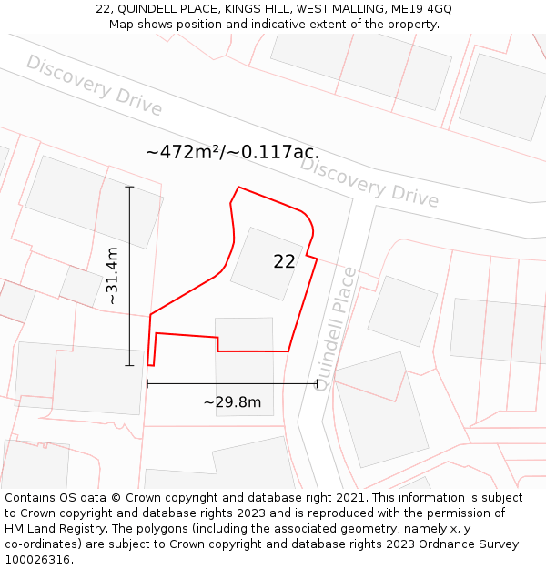 22, QUINDELL PLACE, KINGS HILL, WEST MALLING, ME19 4GQ: Plot and title map