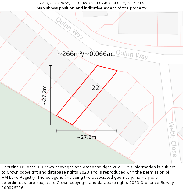 22, QUINN WAY, LETCHWORTH GARDEN CITY, SG6 2TX: Plot and title map