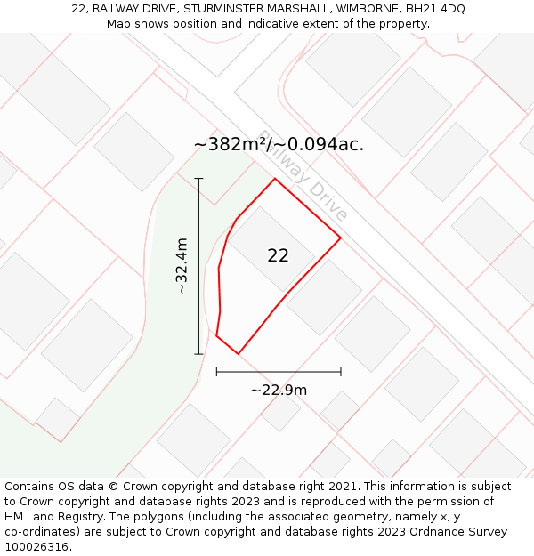 22, RAILWAY DRIVE, STURMINSTER MARSHALL, WIMBORNE, BH21 4DQ: Plot and title map